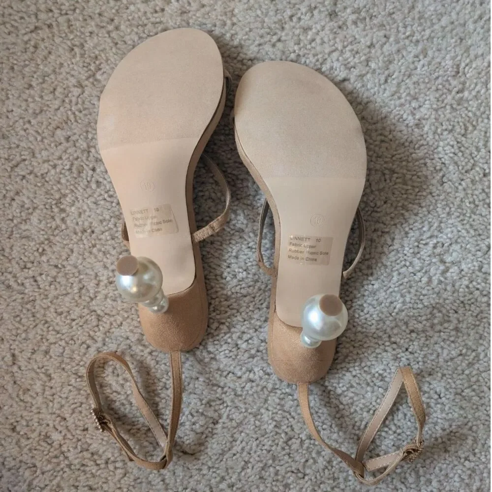NWOT Lulus Linnett Tan Strappy Statement Bubble Pearl Heel Sandals Sz 10